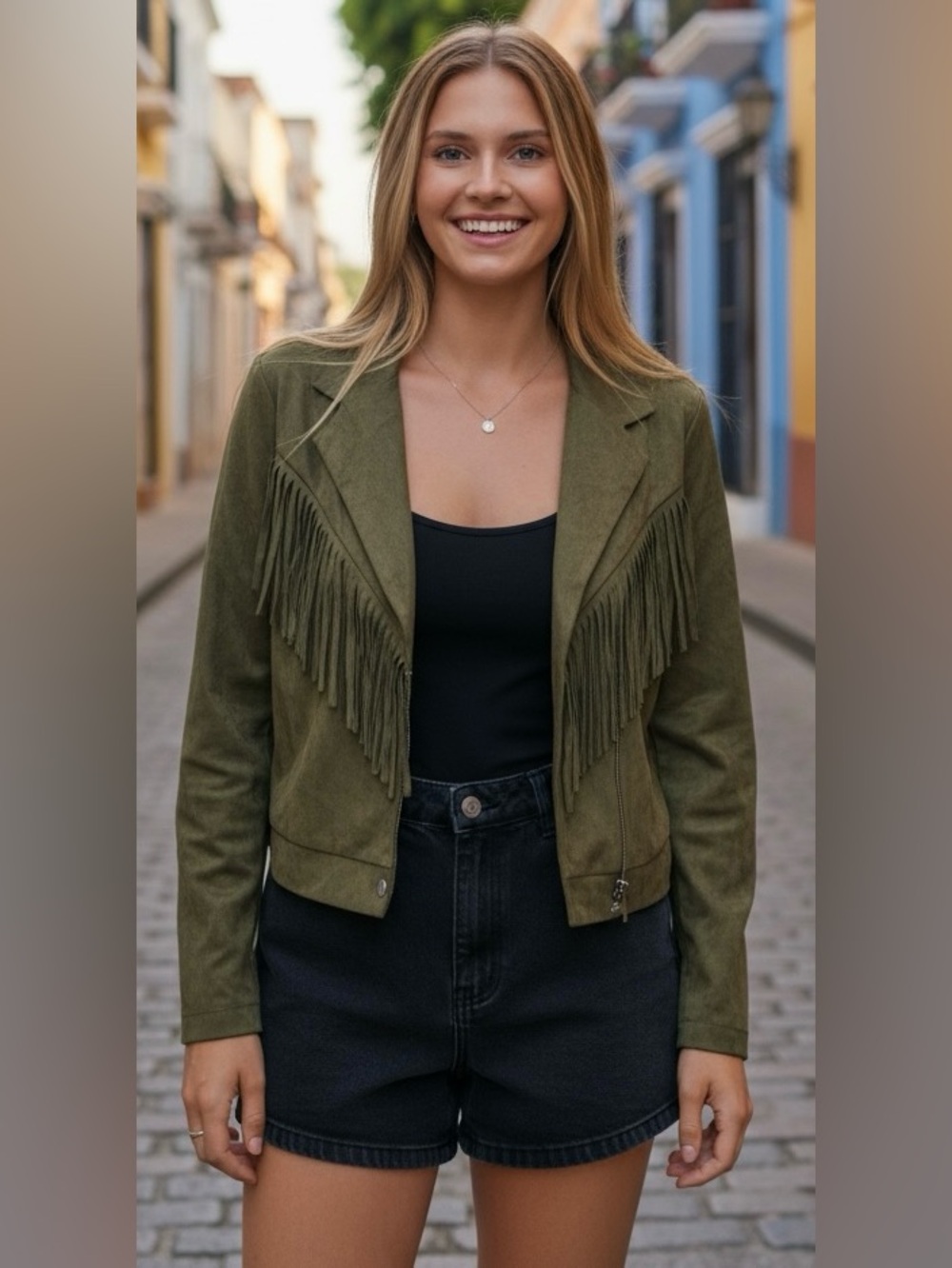 SHEIN Olive Fringe Jacket